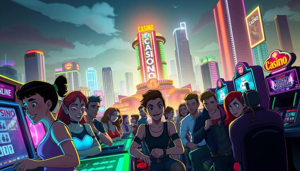 A vibrant, neon-lit scene showcasing the energetic world of online gaming and entertainment. In the foreground, a group of animated characters immersed in various casino-style games, their expressions of excitement and anticipation capturing the thrill of the experience. In the middle ground, a towering, futuristic casino building stands, its sleek, modern architecture and glowing signage reflecting the cutting-edge nature of the industry. The background is a bustling cityscape, with skyscrapers and bright lights creating a dynamic, urban atmosphere. The lighting is vibrant and dynamic, with neon hues and subtle lens flares adding to the sense of energy and excitement. The overall composition conveys the rapid growth and popular appeal of the online gaming and entertainment sector.