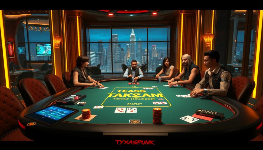 A vibrant online Texas Hold'em poker table, illuminated by soft, warm lighting. The foreground features a modern, sleek gaming interface with digital cards, chips, and betting controls. The middle ground showcases players' avatars - a diverse group of stylized characters engaged in a lively, competitive game. The background depicts a sophisticated, digitally-rendered casino environment, complete with ornate decor and a cityscape visible through large windows. The overall atmosphere is one of immersion, excitement, and the thrill of high-stakes online poker.