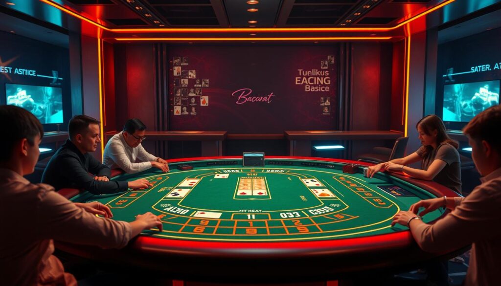 A vibrant online baccarat game table set against a sleek, modern backdrop. In the foreground, players eagerly place their bets, their faces illuminated by the warm glow of the digital display. The middle ground features a crisp, high-definition rendering of the baccarat layout, with precise details in the card ranks and suits. In the background, a subdued yet sophisticated ambiance, with subtle lighting and a sense of energy and anticipation. The overall scene conveys the popularity and excitement of online baccarat, drawing the viewer into the immersive gaming experience.