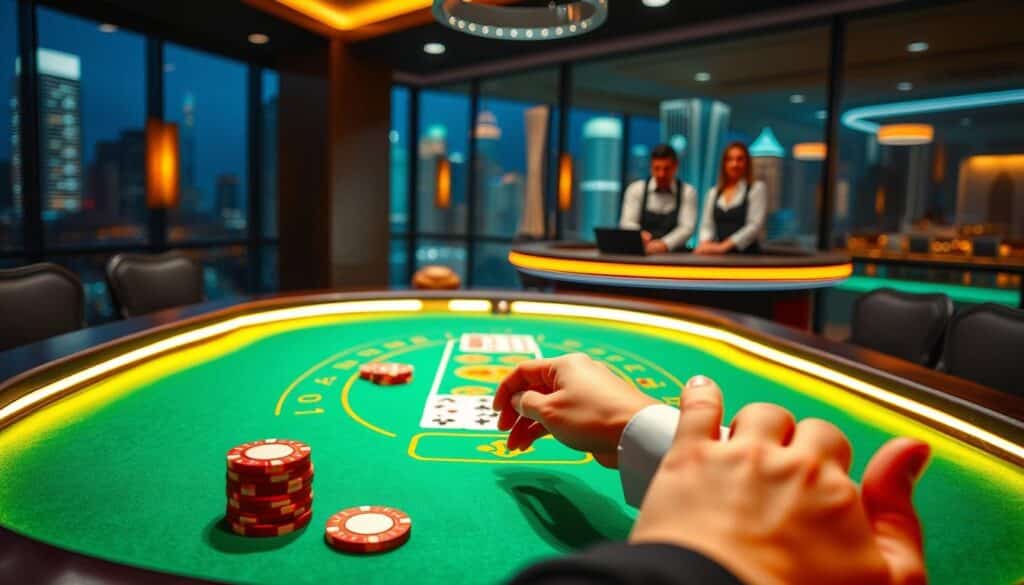 A vibrant online baccarat table set against a sleek, modern backdrop. The table is illuminated by warm, soft lighting, creating a cozy and inviting atmosphere. The green felt surface is pristine, with the iconic baccarat cards and chips arranged neatly. In the foreground, a player's hand is poised, ready to make a strategic move, while the dealer stands at the ready, anticipating the next round. The background features a blurred cityscape, hinting at the excitement and energy of the online gaming experience. The entire scene conveys a sense of luxury, sophistication, and the thrill of playing baccarat from the comfort of one's own home.