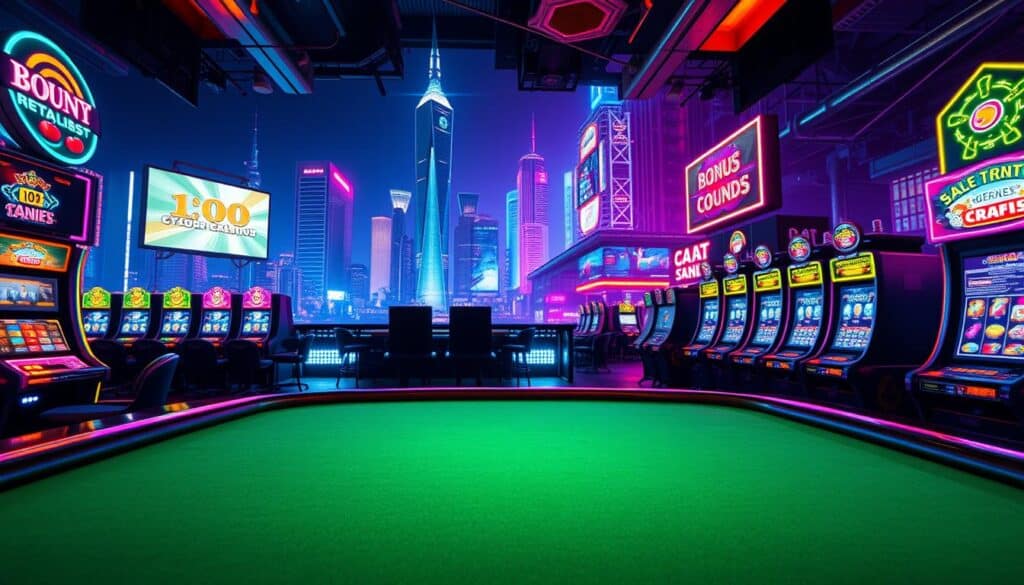 A vibrant online casino fills the frame, its neon lights casting a warm glow over the scene. In the foreground, a sleek, modern gaming table beckons players, the green felt surface inviting them to try their luck. The middle ground features rows of slot machines, their screens flashing with dazzling animations and enticing bonus rounds. In the background, a towering skyline of skyscrapers and neon billboards creates a futuristic, urban atmosphere, evoking the excitement and energy of a bustling metropolis. The lighting is sharp and dramatic, with strong contrasts between the bright, colorful elements and the deep shadows, adding depth and a sense of high-stakes thrills. The overall mood is one of anticipation and the promise of big payouts, capturing the allure of the online casino experience.