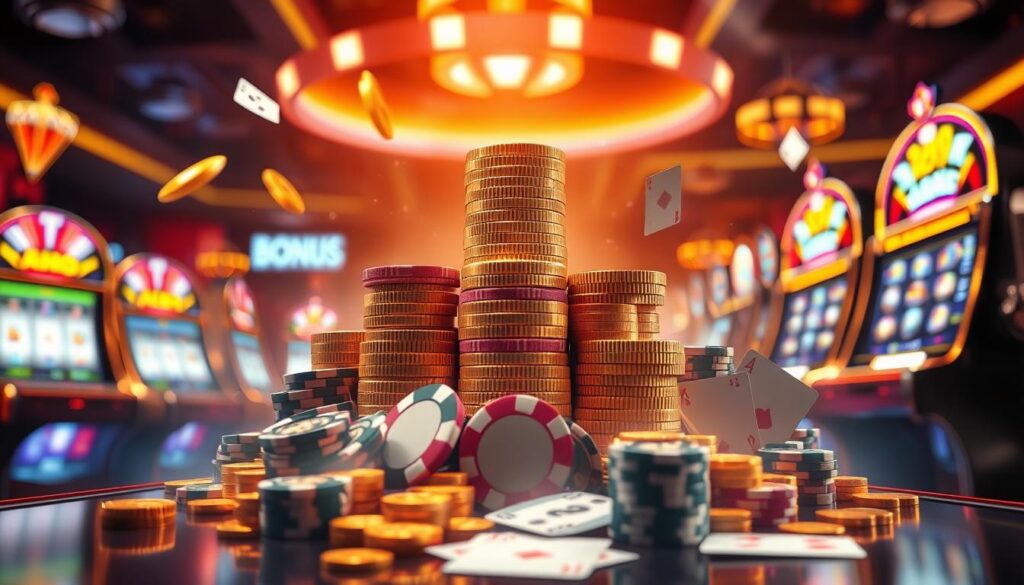 A vibrant online casino game bonus scene, featuring a central stack of golden coins and casino chips, surrounded by a lively array of classic slot machine reels, playing cards, and other gaming elements. The scene is illuminated by a warm, inviting lighting that creates a sense of excitement and anticipation. The composition is balanced, with a clear focus on the central bonus elements, while the background features a blurred, out-of-focus casino atmosphere, suggesting a sense of immersion and engagement. The overall mood is one of celebration and opportunity, capturing the essence of an enticing online casino bonus offer.