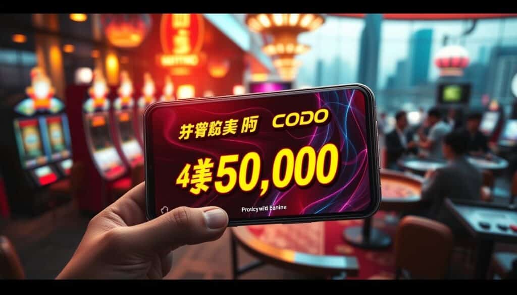A vibrant online casino game promo code, prominently displayed against a sleek and modern backdrop. The foreground features a gleaming smartphone screen showcasing the enticing offer, with bold and dynamic typography. The middle ground depicts a lively casino scene, with slot machines, roulette tables, and energetic players. The background is a blurred cityscape, hinting at the urban excitement that surrounds the online gaming experience. The lighting is warm and inviting, creating a sense of anticipation and opportunity. The overall composition conveys the importance of these promo codes in enhancing the thrill and value of online casino gaming for Taiwanese players.