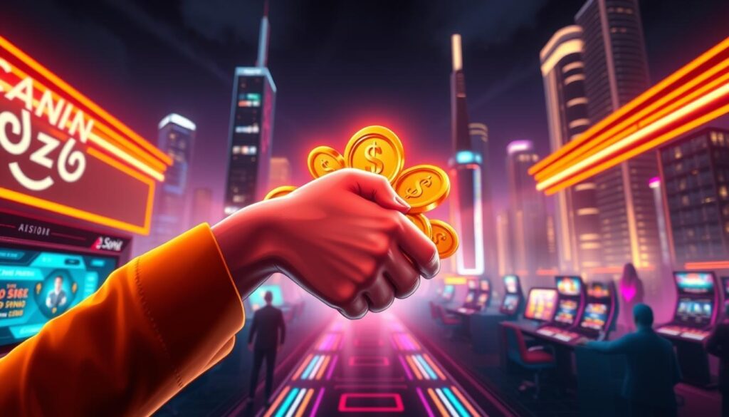 A vibrant online casino game scene with a central focus on a "Recommend a Friend" rewards mechanism. In the foreground, a friendly handshake gesture symbolizes the concept of referrals, with stylized coins and glowing effects to highlight the financial incentive. The middle ground features a sleek, modern casino interface with digital screens and user interface elements. The background depicts a serene cityscape at night, with skyscrapers and neon lights creating an atmosphere of urban sophistication. Warm lighting bathes the entire composition, conveying a sense of excitement and potential rewards. The image should evoke a visually striking and immersive experience that effectively communicates the "Recommend a Friend" rewards system.