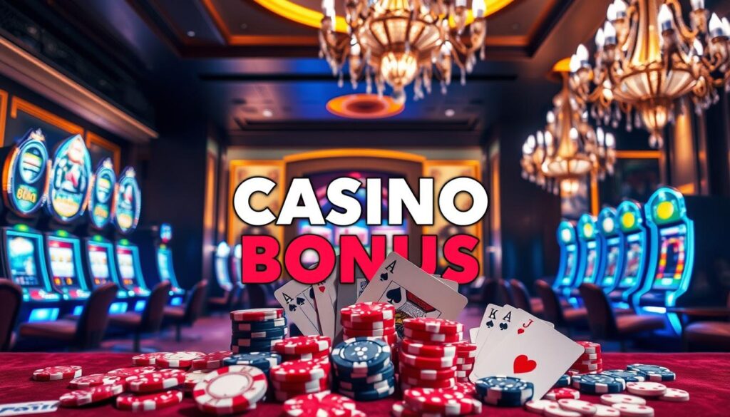 A vibrant online casino gaming bonus offer against a backdrop of an elegant, modern casino interior. The foreground features an array of casino chips, dice, and playing cards, artfully arranged to draw the eye. The middle ground showcases a dynamic display of flashing lights and glittering slot machines, evoking the excitement of a bustling casino floor. The background is bathed in a warm, inviting glow, with plush leather seating and ornate chandeliers creating a luxurious atmosphere. The overall composition is balanced and visually striking, capturing the allure of the online casino gaming bonus experience.