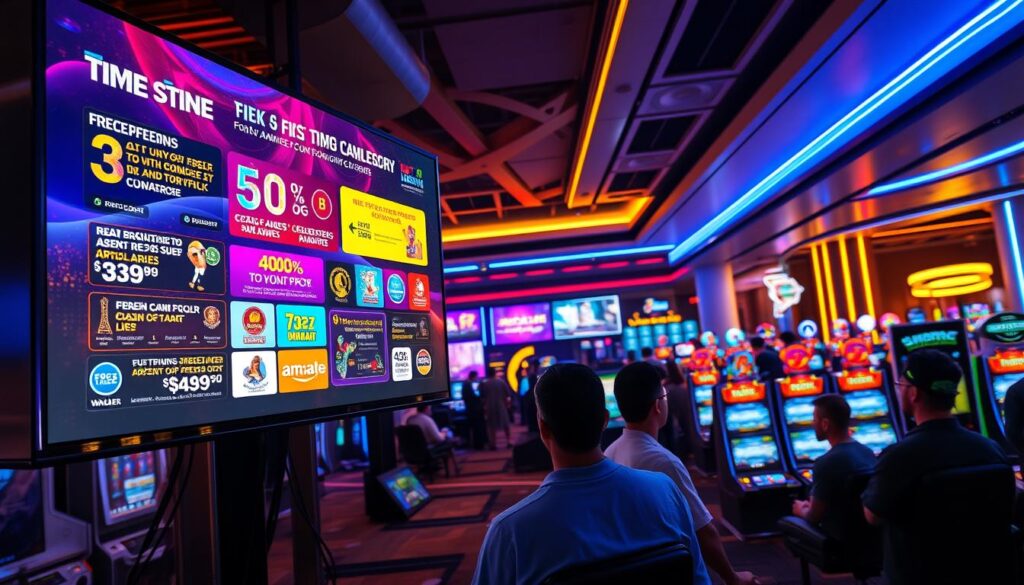 A vibrant online casino gaming promotion event, showcasing an array of enticing offers and bonuses. In the foreground, a large display screen captivates the viewer with colorful graphics and animated icons, highlighting the various special deals and rewards. The middle ground features a group of engaged players gathered around gaming stations, immersed in the thrill of the games. The background depicts a modern, sleek casino interior, with neon lights and high-tech decor creating an atmosphere of excitement and anticipation. The lighting is dramatic, with warm tones and sharp contrasts, lending a sense of energy and dynamism to the scene. The camera angle is slightly elevated, providing a comprehensive view of the promotion activity unfolding before the viewer.