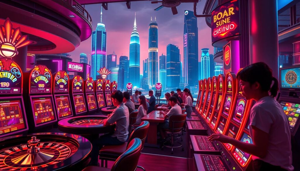 A vibrant online casino gaming scene, featuring a sleek and modern interface. In the foreground, a variety of classic casino games such as roulette, blackjack, and slot machines are prominently displayed, with neon-lit buttons and high-definition graphics. The middle ground showcases a range of players immersed in the gameplay, their expressions reflecting the thrill and excitement of the experience. In the background, a dynamic cityscape with towering skyscrapers and neon lights sets the stage, creating a futuristic and sophisticated atmosphere. The lighting is a combination of warm, ambient tones and vivid, pulsating accents, evoking a sense of energy and sophistication. The overall composition conveys the allure and accessibility of online casino gaming, catering to the preferences of Taiwanese players.