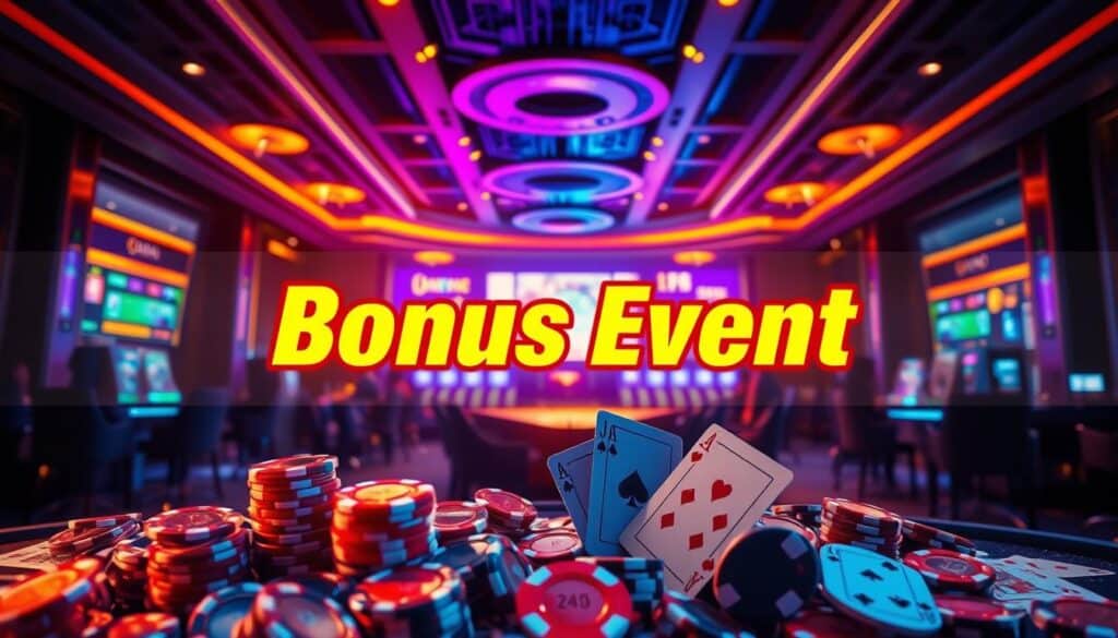 A vibrant online casino gaming scene, showcasing an enticing "Bonus Event" promotion. In the foreground, a dazzling array of casino chips, dice, and playing cards, bathed in warm, golden lighting that creates a captivating atmosphere. In the middle ground, a large, eye-catching banner displays the "Bonus Event" title, featuring bold, dynamic typography and a striking color scheme that draws the viewer's attention. The background is a sleek, modern casino interior, with elegant furnishings and details that exude a sense of luxury and excitement. The overall composition evokes a feeling of anticipation and the thrill of potential winnings, perfectly capturing the essence of the "Bonus Event" section in the article.