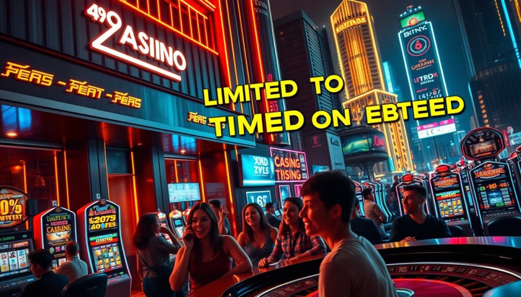 A vibrant online casino gaming scene with a captivating limited-time offer. A sleek, modern casino facade set against a cityscape backdrop, bathed in warm, golden lighting. Alluring neon signs and digital displays showcase the latest casino games and bonuses. In the foreground, a group of excited players immersed in the thrilling atmosphere, their faces lit by the flashing lights of the slot machines and roulette tables. A sense of anticipation and opportunity permeates the scene, inviting players to join in the limited-time celebration of online casino entertainment.