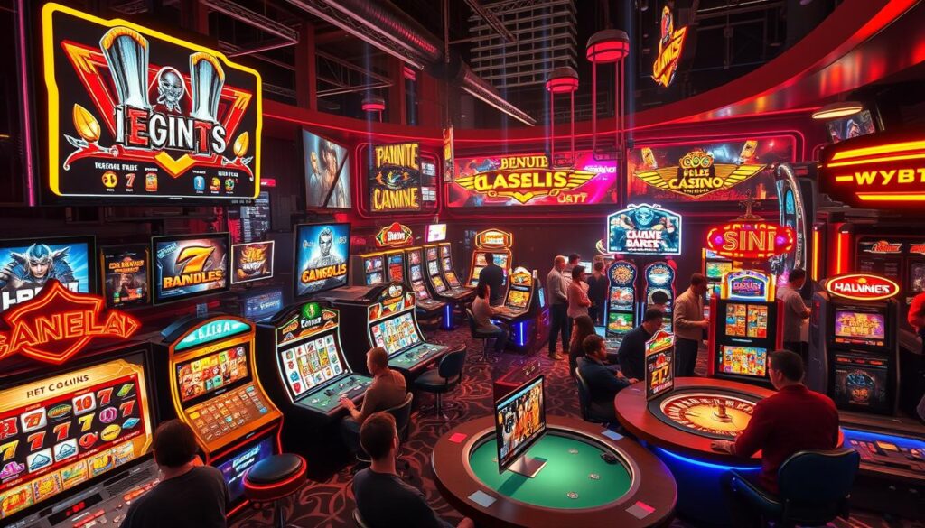 A vibrant online casino gaming scene, with players immersed in a dynamic interplay of favorites. Detailed, realistic visuals depict a diverse array of popular game options - slots, table games, and live dealer experiences - each beckoning players with their unique interactive allure. The scene is bathed in warm, inviting lighting, creating an atmosphere of excitement and engagement. Varied camera angles showcase the depth and scale of the gaming landscape, highlighting the seamless integration of user controls and responsive gameplay. The overall composition conveys the palpable enthusiasm and anticipation of the gaming community, reflecting the enduring appeal of online entertainment.