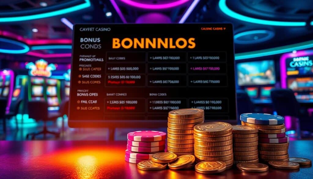 A vibrant online casino gaming strategy setting, with a focus on the application of bonuses and promotional activities. In the foreground, a stack of gold coins and colorful casino chips, illuminated by a warm spotlight. In the middle ground, a digital display showcases various promotional offers and bonus codes. The background depicts a sleek, high-tech casino interior, with neon lights and screens showcasing the latest games. The overall atmosphere conveys a sense of excitement and potential financial rewards, hinting at the strategic approaches players can employ to enhance their chances of success in the online gaming environment.