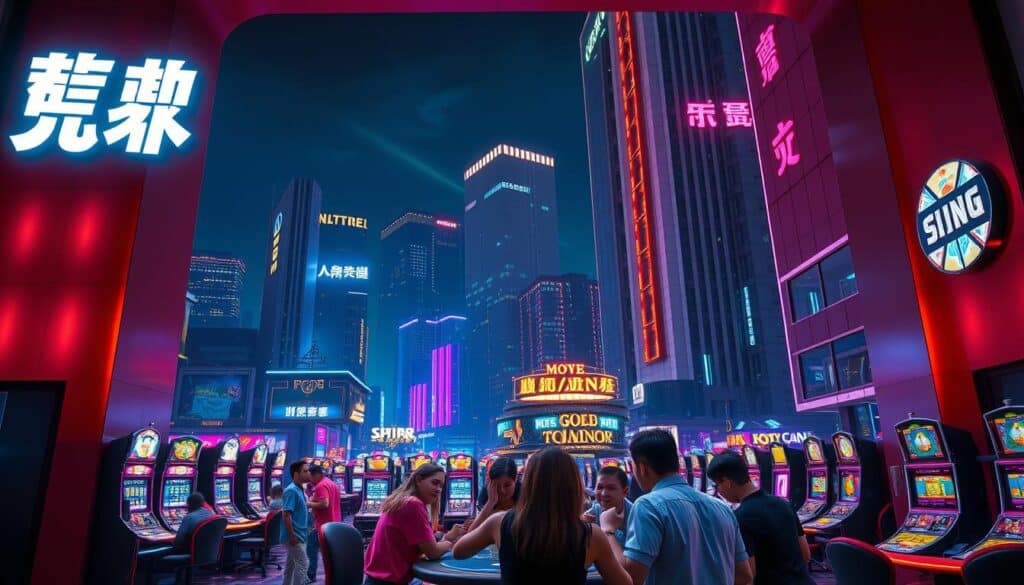 A vibrant online casino in the heart of a bustling city, the neon lights of the "線上娛樂城" sign shimmering against the night sky. Sleek, modern architecture frames the entrance, inviting players to step into a world of thrilling games and immersive entertainment. The interior is a symphony of color and energy, with rows of gleaming slot machines and interactive gaming tables, all bathed in a warm, inviting glow. In the foreground, a group of excited players huddle around a high-stakes table, their expressions a mix of concentration and anticipation. The atmosphere is electric, a perfect blend of excitement and sophistication, capturing the allure of the online casino experience.