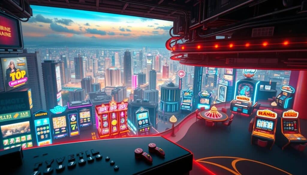 A vibrant online casino landscape, showcasing the allure of digital gaming entertainment. In the foreground, a sleek and modern interface with icons and buttons inviting the user to explore the various games and features. The middle ground depicts an array of immersive game environments, from dynamic slot machines to interactive table games, all rendered in vivid detail. The background paints a panoramic view of a bustling cityscape, reflecting the excitement and energy of the digital gambling world. The lighting is warm and inviting, creating a sense of invitation and anticipation. The overall composition conveys the seamless integration of technology, gameplay, and urban ambiance, capturing the essence of the "線上娛樂城" experience.