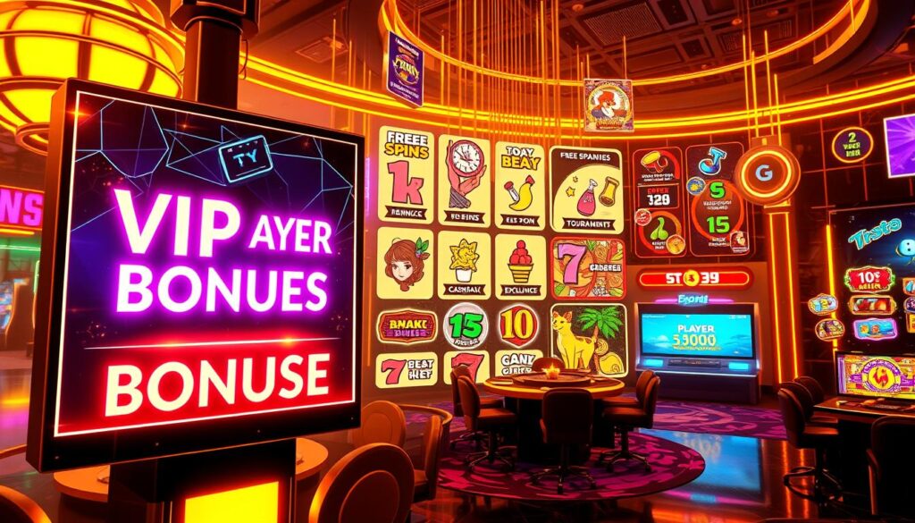 A vibrant online casino lobby filled with dynamic, animated graphics showcasing various player promotion banners and reward icons. The scene is bathed in a warm, golden lighting that creates an inviting and celebratory atmosphere. In the foreground, an elegant, neon-accented display highlights the "VIP Player Bonuses" with captivating visual effects. The middle ground features a collage of playful, illustrated icons representing free spins, cashback offers, and exclusive tournaments. In the background, a sleek, modern casino interface provides a glimpse of the immersive gaming experience. The overall composition exudes a sense of energy, excitement, and the promise of lucrative rewards for the dedicated player.