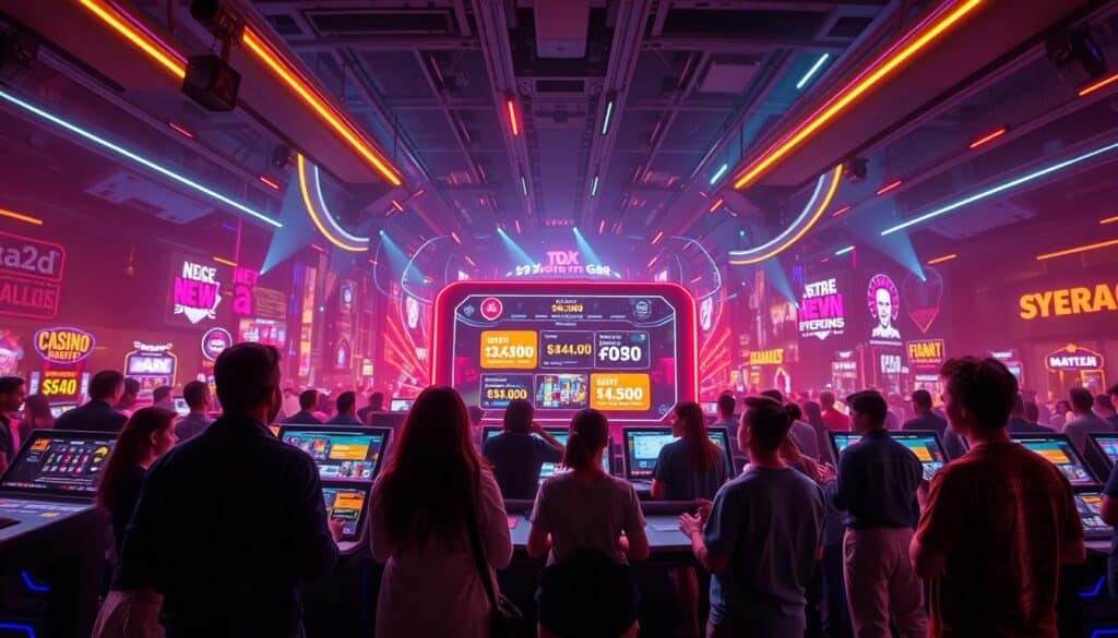 A vibrant online casino promotion scene, captured in a dynamic wide-angle shot. In the foreground, a group of people enthusiastically engaging with digital displays showcasing eye-catching casino bonuses and deals. The middle ground features a sleek, futuristic interface with glowing neon accents, creating an immersive virtual atmosphere. The background depicts a bustling online landscape, with abstract shapes and vibrant colors conveying the excitement and potential of the digital gaming experience. Warm, diffused lighting illuminates the scene, evoking a sense of anticipation and potential winnings. The overall composition captures the energy, innovation, and allure of a thriving online casino promotion.