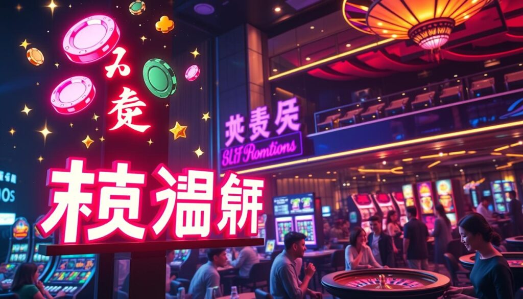 A vibrant online casino promotion scene, showcasing an array of dazzling offers and rewards. In the foreground, a large neon sign displays the words "优惠活动" (Promotions) in bold, eye-catching Chinese characters. Elegant and colorful graphics surround the sign, including floating casino chips, sparkling stars, and glowing light effects. The middle ground features a group of smiling people engaged in various casino games, such as slot machines, roulette, and blackjack, all bathed in a warm, inviting atmosphere. In the background, a modern, sleek casino facade sets the scene, its reflective surfaces creating a sense of sophistication and excitement. The overall composition conveys a sense of celebration, anticipation, and the thrill of online casino entertainment.