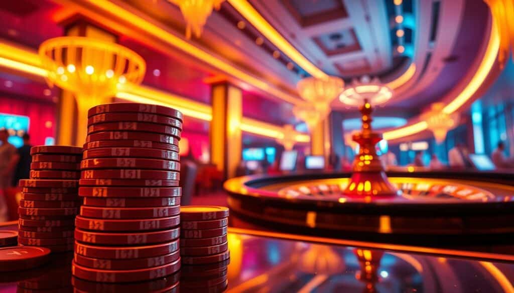 A vibrant online casino scene, bathed in a warm, golden glow. In the foreground, a stack of casino chips, meticulously rendered, representing the winnings from a successful gaming session. The middle ground features a stylized roulette wheel, its spokes catching the light and creating a sense of motion and anticipation. In the background, a sleek, modern casino interior with high ceilings, elegant decor, and the faint silhouettes of patrons enjoying the thrills of the games. The overall atmosphere conveys a sense of excitement, luxury, and the thrill of potential windfalls, capturing the essence of the "online casino gaming with bonus" experience.