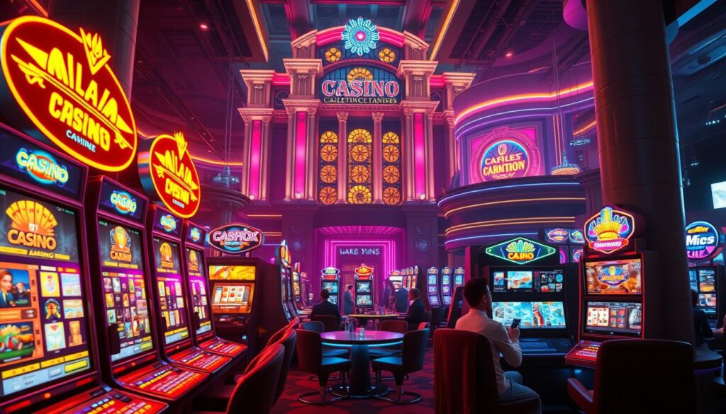 A vibrant online casino scene, bathed in a warm, neon glow. In the foreground, sleek gaming terminals beckon players, their screens flickering with dazzling slot machines and table games. The middle ground features a lavish lounge area, where high-rollers relax and sip cocktails, immersed in the thrill of the games. In the background, a towering casino facade rises, its towering columns and intricate architecture reflecting the opulence and grandeur of the establishment. The lighting is a masterful blend of dramatic shadows and vibrant highlights, creating a sense of excitement and high-stakes adventure. The overall atmosphere is one of dynamic energy, where the allure of chance and the promise of big winnings draw in a diverse crowd of players, all seeking the ultimate online gaming experience.