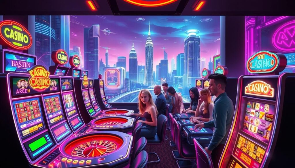 A vibrant online casino scene, featuring a sleek, futuristic interface with neon-lit gaming terminals and gleaming displays. The foreground showcases an array of classic casino games, including roulette, blackjack, and slot machines, all beckoning players to try their luck. In the middle ground, virtual avatars of enthusiastic players are engaged in lively gameplay, their expressions a mix of concentration and excitement. The background is dominated by a dynamic, cityscape-inspired backdrop, with towering skyscrapers and a vibrant skyline illuminated by a dazzling array of lights. The overall atmosphere evokes a sense of immersive, high-tech entertainment, inviting users to explore the thrilling world of online casino gaming.