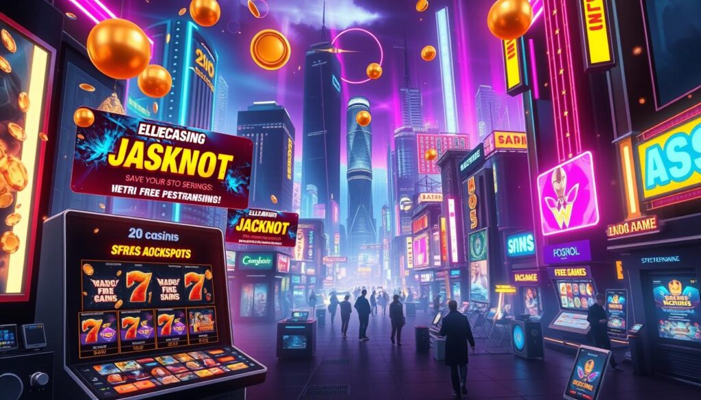 A vibrant online casino scene filled with dazzling lights, cascading jackpot symbols, and captivating promotional banners. In the foreground, a sleek and modern casino interface showcases enticing bonus offers and irresistible free spin giveaways. The middle ground features a diverse array of enticing game icons, inviting players to explore the thrilling world of slots, table games, and live dealer experiences. The background is adorned with a dynamic cityscape, featuring towering skyscrapers and neon-lit streets, creating a sense of excitement and urban sophistication. The overall composition conveys the allure of an elite online casino, promising unparalleled entertainment and the chance to strike it big through its generous rewards and promotional campaigns.