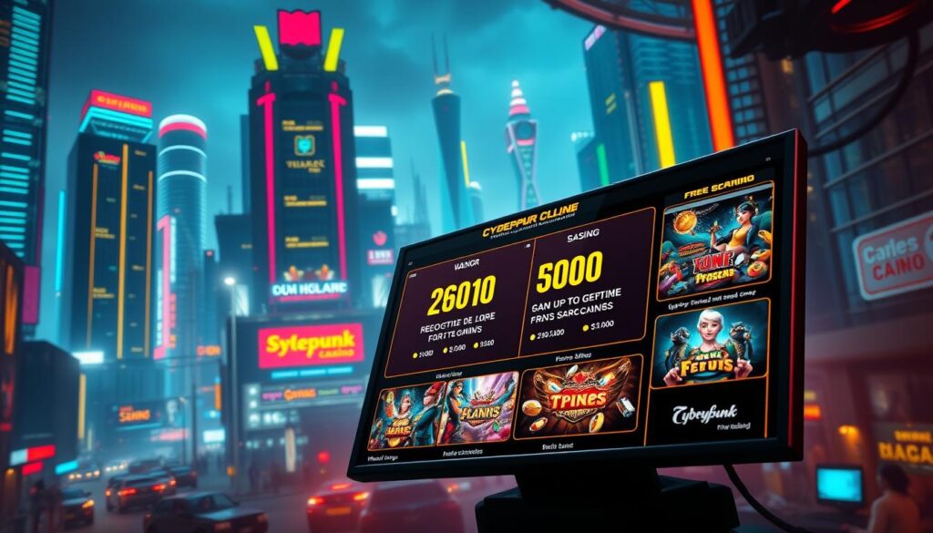 A vibrant online casino scene, set against a backdrop of neon-lit skyscrapers and a bustling cityscape. In the foreground, a digital display showcases a variety of lucrative promotional offers and bonus schemes, enticing players with the promise of substantial rewards. The image is bathed in a warm, inviting glow, creating a sense of excitement and anticipation. The composition is balanced, with the casino's branding and visuals subtly integrated to capture the essence of an engaging and lucrative online gaming experience. The overall atmosphere evokes a sense of energy, opportunity, and the thrill of potential winnings, inviting the viewer to explore the diverse array of offerings available at this premier online entertainment destination.