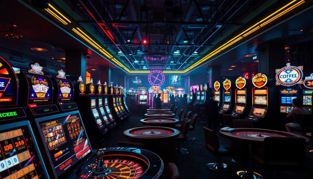 A vibrant online casino scene showcasing an array of gaming options. In the foreground, a variety of classic casino games are depicted, including slot machines, roulette wheels, and card tables, all rendered in a visually striking and detailed manner. The middle ground features silhouettes of players engrossed in the excitement of their chosen games, captured in a cinematic wide-angle shot. The background is illuminated by the warm glow of neon lights, creating a captivating and immersive atmosphere that evokes the thrill and energy of a bustling online casino. Subtle depth of field and dramatic lighting emphasize the dynamism and allure of the virtual gaming environment.