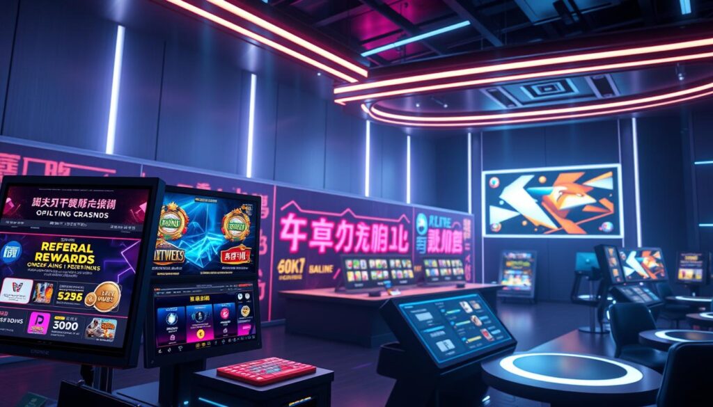 A vibrant online casino scene, showcasing an eye-catching display of "Referral Rewards" and "Ongoing Promotions" against a sleek, modern backdrop. The foreground features a gleaming array of digital displays, showcasing tempting offers and bonuses that beckon players to explore the thrilling world of online entertainment. The middle ground depicts a dynamic, neon-infused atmosphere, with sleek user interfaces and interactive elements that draw the viewer in. The background sets the stage with a sophisticated, minimalist design, conveying a sense of sophistication and attention to detail. The overall composition exudes a captivating and alluring ambiance, inviting Taiwanese players to immerse themselves in the endless possibilities of the online casino experience.