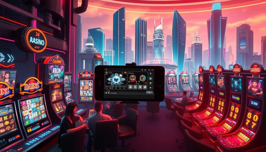 A vibrant online casino scene showcasing its functions and convenience. In the foreground, players immerse themselves in a variety of games, from classic table games to captivating slot machines, all with high-stakes action and enticing visual effects. The middle ground features sleek, user-friendly interfaces, seamlessly guiding players through the intuitive features and options. In the background, a futuristic cityscape with towering skyscrapers and neon lights sets the stage, conveying the modern, technologically-advanced nature of the online casino experience. The scene is bathed in a warm, inviting glow, creating an atmosphere of excitement and anticipation. The overall composition emphasizes the functionality, convenience, and allure of the online casino, enticing players to explore its expansive offerings.