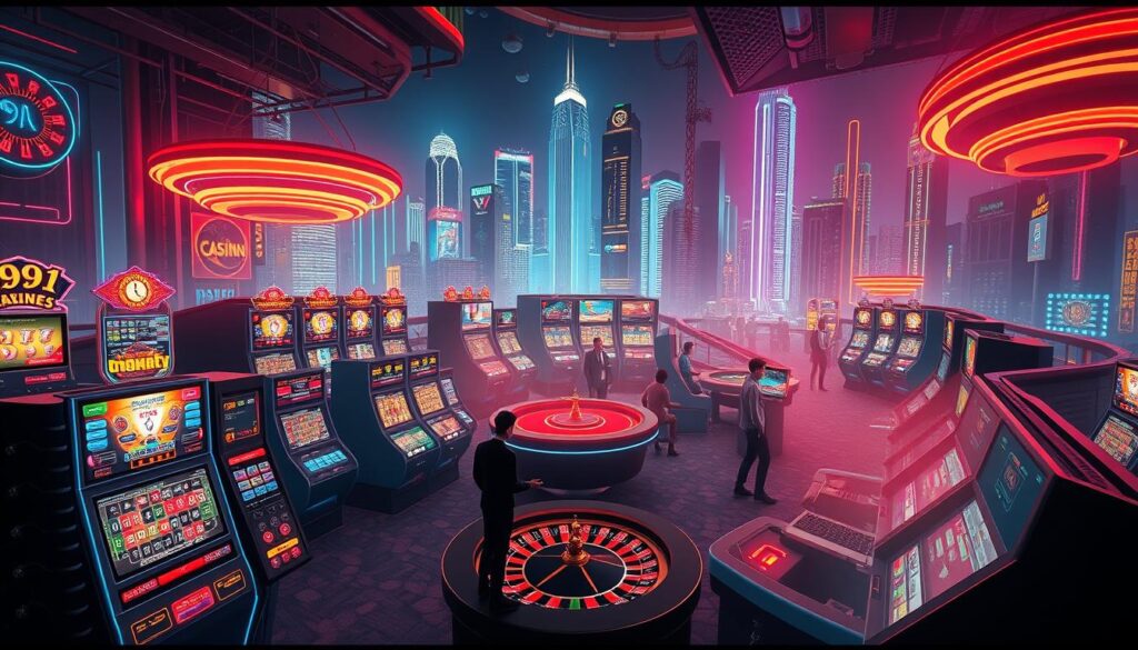 A vibrant online casino scene, with a dynamic array of gaming options. In the foreground, a sleek digital interface showcases an array of slot machines, roulette tables, and card games, bathed in a warm, inviting glow. The middle ground features animated characters interacting with the games, their expressions animated with excitement. In the background, a cityscape of towering skyscrapers and neon lights creates a sense of urban energy and sophistication. The overall atmosphere is one of sophisticated entertainment, with a touch of glamour and a hint of the thrill of chance. The lighting is soft and cinematic, creating a sense of immersion and anticipation. The camera angle is slightly elevated, giving a panoramic view of the bustling online casino world.