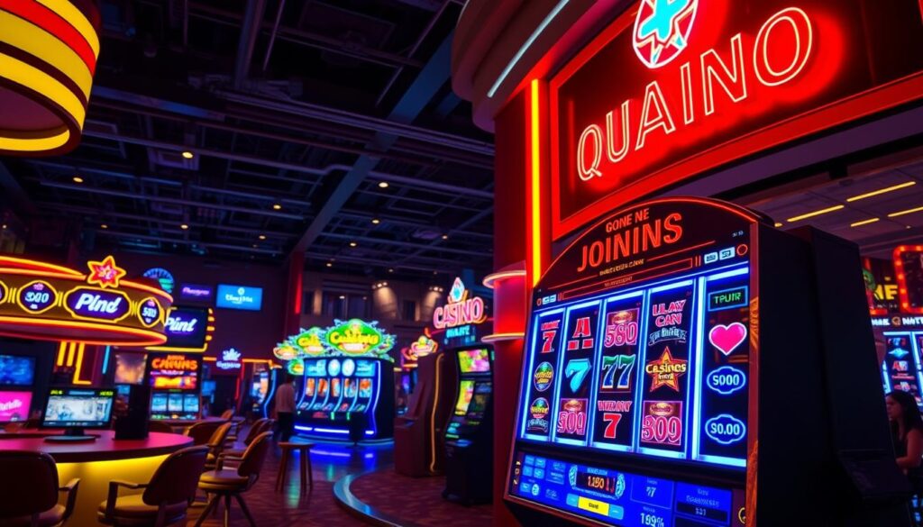 A vibrant online casino scene with a variety of enticing promotional offers. In the foreground, a neon-lit casino lobby showcases various games and bonuses, beckoning players to join. The middle ground features a dynamic slot machine display with spinning reels and alluring jackpot amounts. In the background, a sleek and modern casino exterior with illuminated signage and a bustling atmosphere. The lighting is warm and inviting, creating an atmosphere of excitement and anticipation. The camera angle is slightly elevated, providing a comprehensive view of the scene. Overall, the image conveys the thrill and excitement of an online casino's promotional activities.