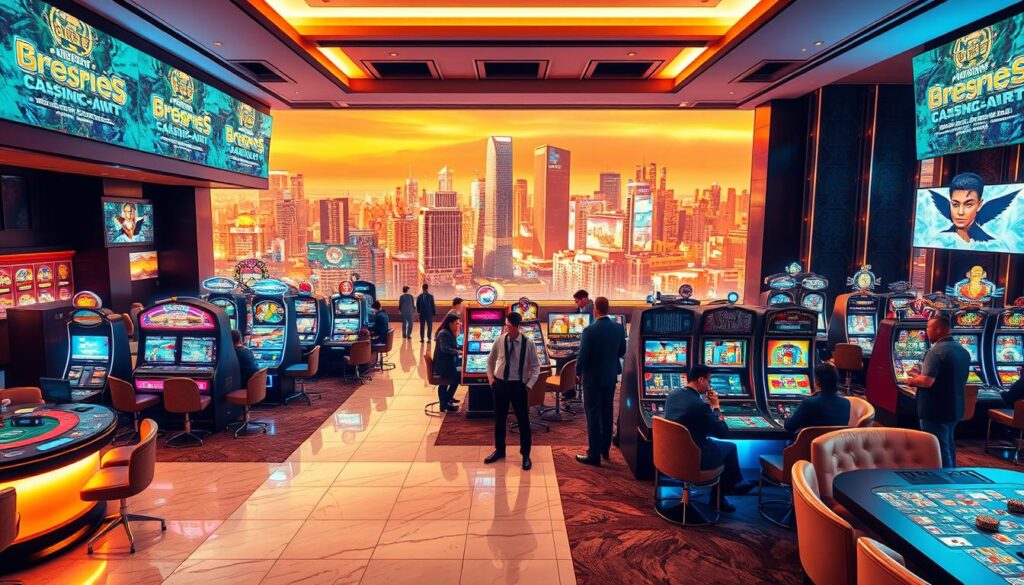 A vibrant online casino scene with a variety of games and attractions. In the foreground, a sleek, modern casino lobby with high-ceilings, polished marble floors, and plush seating areas. Diverse gaming tables and slot machines dot the space, their lights and screens creating a hypnotic ambiance. In the middle ground, well-dressed patrons engage in lively gameplay, their expressions a mix of concentration and excitement. The background features a panoramic view of a bustling city skyline, with towering skyscrapers and neon-lit billboards. Warm, golden lighting bathes the entire scene, creating a sense of opulence and sophistication. The overall composition evokes the thrill and allure of the online gambling experience.