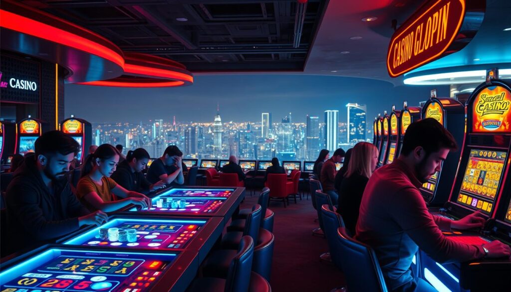 A vibrant online casino scene, with neon-lit gaming tables and slot machines casting a warm glow. In the foreground, a group of players engrossed in their games, expressions of concentration and excitement on their faces. The middle ground features a sleek, modern interior design, with plush seating and elegant decor. In the background, a panoramic view of a bustling city skyline, the lights of high-rise buildings twinkling in the distance. The overall atmosphere is one of excitement, anticipation, and the thrill of potential winnings. Soft, directional lighting illuminates the scene, creating dynamic shadows and highlights that add depth and dimension. The camera angle is slightly elevated, providing an immersive, almost cinematic perspective.