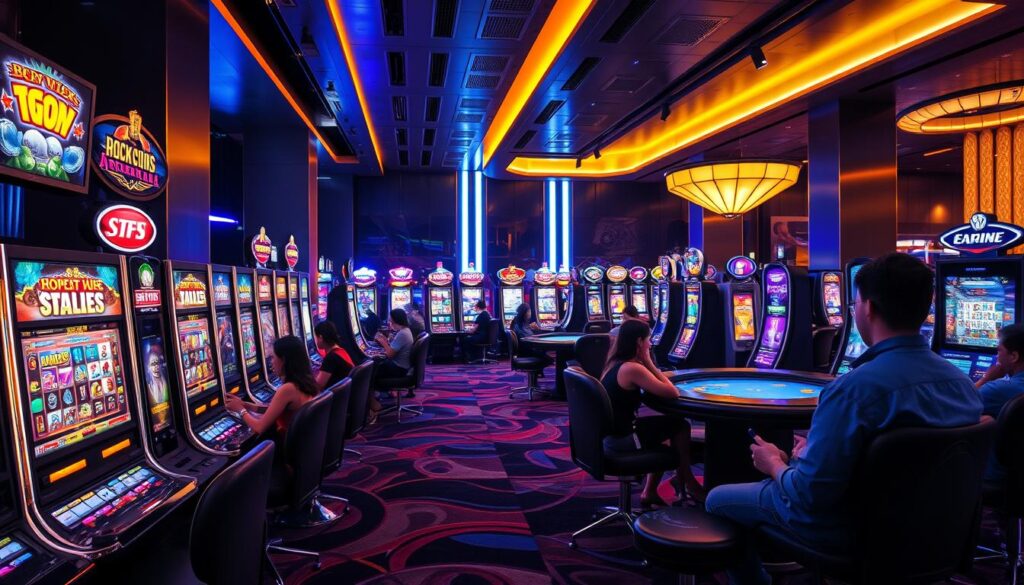 A vibrant online casino scene, with players immersed in captivating digital gaming experiences. The foreground showcases a diverse array of slot machines, their screens and lights creating a mesmerizing visual tapestry. In the middle ground, customers sit at virtual gaming tables, their faces illuminated by the glow of interactive displays, engrossed in the thrill of card games and roulette. The background depicts a sleek, modern casino environment, with sleek architectural elements and subtle lighting that evokes a sense of sophistication and excitement. The overall atmosphere is one of dynamic energy, where the integration of technology and entertainment creates a truly immersive and engaging gaming atmosphere.