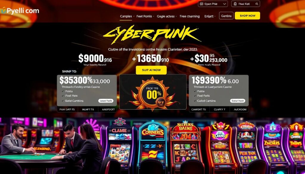 A vibrant online casino website homepage, displaying an array of promotional offers and bonuses. A captivating hero banner showcases a sleek, modern interface with dynamic graphics and animations. In the foreground, a group of well-dressed patrons engage in various table games, their expressions conveying a sense of excitement and anticipation. The middle ground features a selection of popular slot machines, each with unique themes and eye-catching visuals. The background is subtly blurred, highlighting the focal point while maintaining a sense of depth and immersion. The overall lighting is warm and inviting, creating a welcoming atmosphere that encapsulates the thrilling experience of an online gambling destination in 2025.
