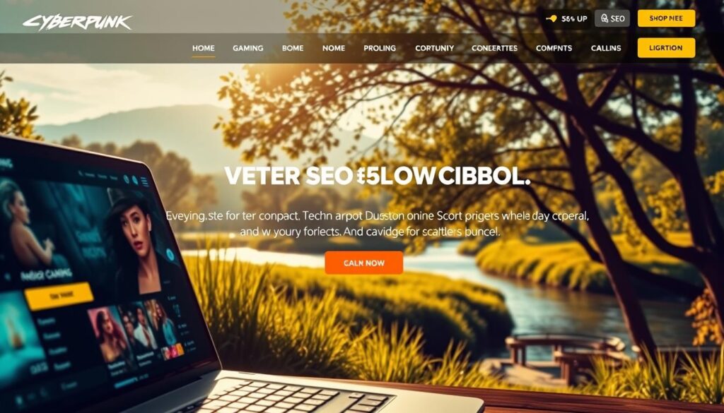 A vibrant online casino website set against a backdrop of serene nature. In the foreground, a sleek and modern interface with clean typography and intuitive navigation, drawing the viewer's attention to the engaging gaming experience. The middle ground features strategically placed SEO-optimized content, hinting at the site's robust search optimization efforts. In the background, a lush, sun-dappled landscape with swaying trees and a calming river, creating a sense of tranquility and escapism. Warm, soft lighting and a slightly cinematic camera angle add depth and a sense of visual harmony, showcasing the harmonious integration of SEO strategies and the captivating online entertainment experience.