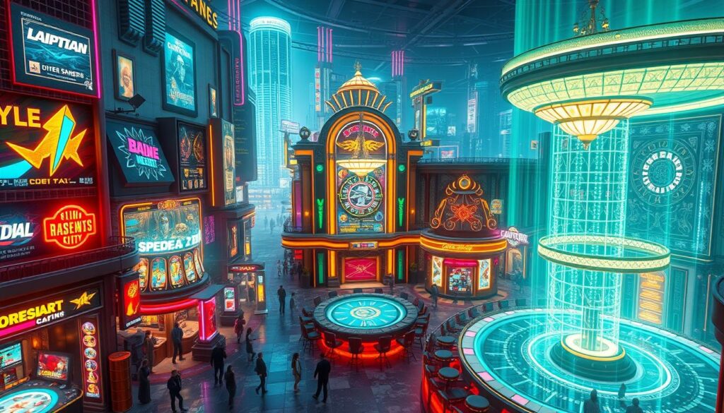 A vibrant online entertainment city with a captivating array of games and experiences. Neon-lit streets bustling with activity, filled with interactive game stations, virtual reality arenas, and cutting-edge e-sports venues. Towering holographic displays showcase the latest releases, while a lively soundtrack pulses through the air. In the center, a grand casino with elegant marble halls, gleaming chandeliers, and high-stakes tables where fortunes are won and lost. The atmosphere is one of excitement, innovation, and boundless possibilities, inviting players to immerse themselves in an endless realm of digital entertainment.
