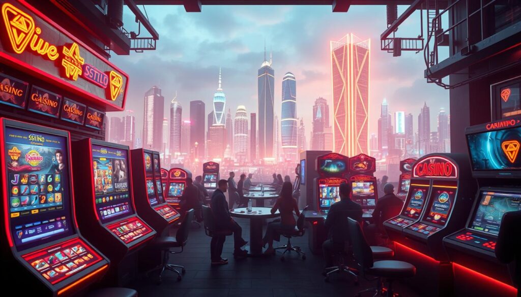 A vibrant online entertainment hub, a digital oasis where gamers congregate for thrilling adventures. In the foreground, sleek casino-inspired interfaces beckon, adorned with neon-lit symbols and cascading jackpot animations. The middle ground showcases a diverse array of game genres, from slot machines to interactive live dealer tables, all rendered in stunning detail. In the background, a futuristic cityscape comes alive, its skyscrapers and neon-infused skyline reflecting the boundless possibilities of the digital realm. Soft, atmospheric lighting casts a warm glow, creating an immersive and captivating ambiance. This image captures the essence of a professional, cutting-edge online entertainment center, where players can indulge in a world of thrilling gameplay and endless possibilities.