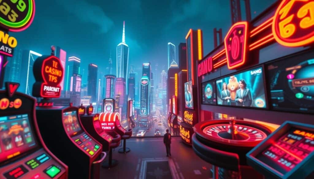 A vibrant online entertainment hub, a neon-lit casino city pulsing with energy. In the foreground, eye-catching icons and graphics suggestive of slot machines, roulette wheels, and other gaming attractions. The middle ground showcases a sleek, modern user interface, with intuitive navigation menus and visually compelling promotional banners. In the background, a cityscape of towering skyscrapers and dazzling, colorful lights, creating an immersive, futuristic atmosphere. Warm, diffused lighting casts a glow over the scene, heightening the sense of dynamism and excitement. Captured through a wide-angle lens to emphasize the grand scale and grandeur of this digital entertainment empire, optimized for search engine visibility.