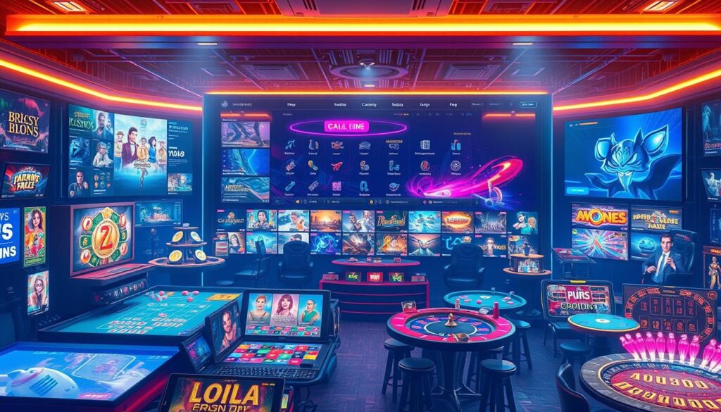 A vibrant online entertainment hub featuring a diverse array of captivating games. The foreground showcases an assortment of popular casino-style games, including slots, table games, and live dealer experiences, all rendered in stunning detail. The middle ground highlights the seamless integration of mobile compatibility, allowing players to access the thrilling gameplay from the comfort of their devices. In the background, a sleek and modern user interface dominates the scene, conveying a sense of cutting-edge technology and a premium gaming experience. The overall atmosphere is one of excitement, sophistication, and the promise of endless entertainment options for discerning players. Soft, warm lighting creates a welcoming ambiance, drawing the viewer into this immersive digital playground.