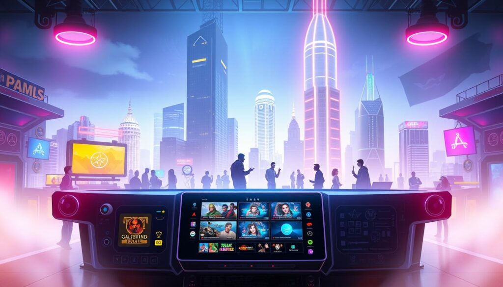 A vibrant online entertainment hub, showcasing a sleek and modern interface. In the foreground, a centralized gaming platform with various icons and logos, inviting users to explore diverse gaming options. The middle ground depicts stylized avatars and characters engaging in interactive gameplay, reflecting the immersive and social nature of the experience. The background features a cityscape with towering skyscrapers, hinting at the urban and dynamic atmosphere of the online entertainment center. Soft, indirect lighting creates a warm and welcoming ambiance, while the overall composition conveys a sense of energy, excitement, and the seamless integration of technology and entertainment.