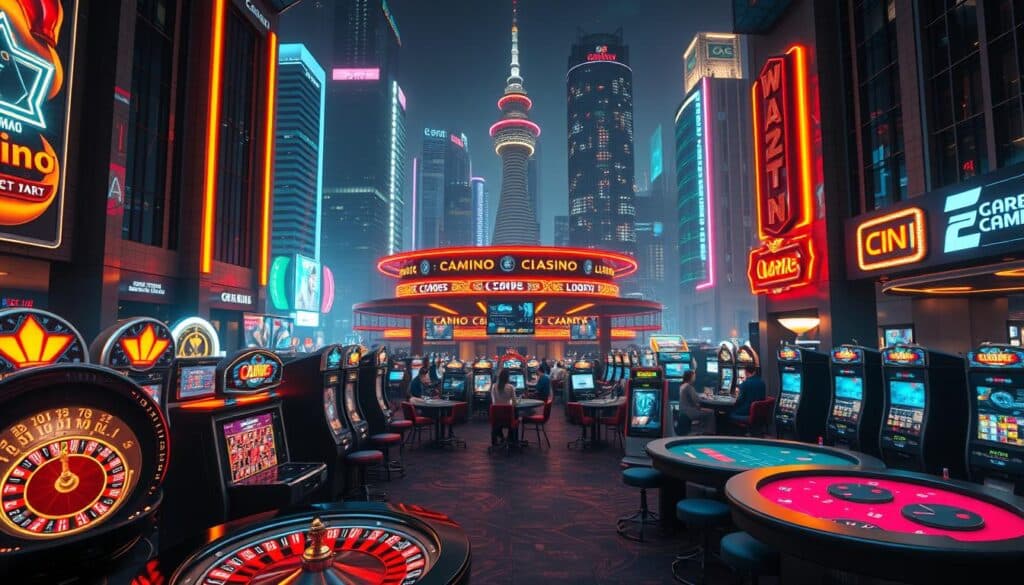 A vibrant online gambling platform set against a backdrop of sleek, modern architecture. The foreground features an array of digital casino games, with realistic renderings of roulette wheels, slot machines, and card tables, all bathed in a warm, inviting glow. The middle ground showcases a virtual lobby, with players immersed in the excitement of their favorite games, while the background depicts a cityscape of high-rise buildings, neon signage, and a dynamic, urban atmosphere. The lighting is crisp and cinematic, creating a sense of depth and visual interest. The overall scene conveys the thrilling, fast-paced experience of a top-tier online gaming destination.