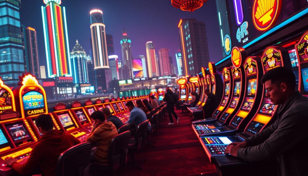 A vibrant online gaming arena, the foreground showcases a dynamic competition in progress. High-definition graphics depict players immersed in various casino-style games, their expressions intense as they strategize and compete. The middle ground features rows of glowing gaming stations, each station equipped with state-of-the-art displays and controls. In the background, a captivating cityscape of neon-lit skyscrapers and bustling streets sets the scene, conveying a sense of urban excitement. Soft, warm lighting illuminates the entire composition, creating an atmosphere of energy and anticipation. The scene is captured with a cinematic wide-angle lens, emphasizing the scale and grandeur of the online gaming experience.