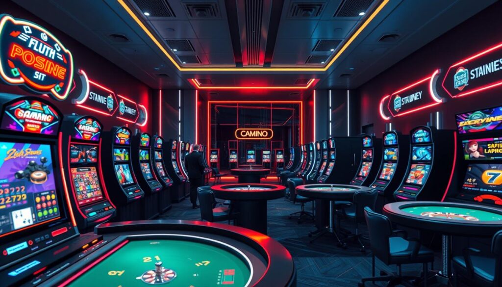 A vibrant online gaming casino, with slot machines, poker tables, and roulette wheels lining the foreground. In the middle ground, neon-lit signage and glowing screens create an immersive atmosphere. The background features a sleek, modern interior with minimalist decor and dramatic lighting, evoking a sense of luxury and excitement. The scene is captured with a wide-angle lens, emphasizing the scale and grandeur of the gaming environment. The overall mood is one of dynamic energy, inviting the viewer to step into the captivating world of online entertainment.
