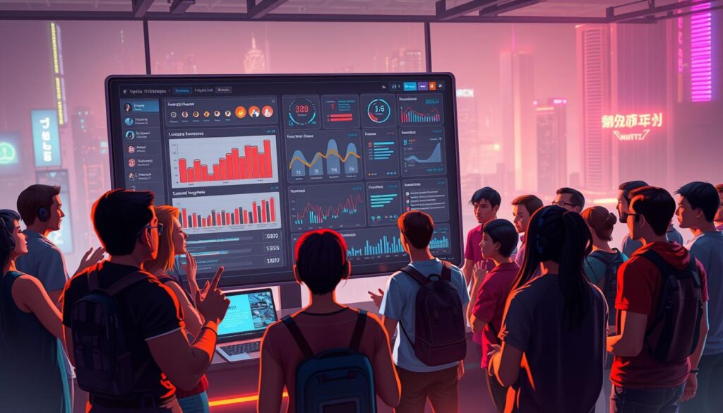 A vibrant online gaming community gathered in a stylized digital setting, with players enthusiastically sharing their feedback and suggestions on an interactive forum. The foreground features a group of diverse avatars animatedly discussing and gesturing, conveying a lively sense of engagement. The middle ground showcases a sleek, futuristic user interface displaying charts, graphs, and visualization tools, reflecting the analytical nature of the community's feedback. The background depicts a hazy, neon-tinged cityscape, suggesting the contemporary, tech-savvy environment in which this virtual community thrives. The overall scene is bathed in a warm, inviting glow, creating an atmosphere of productive collaboration and creative exchange.