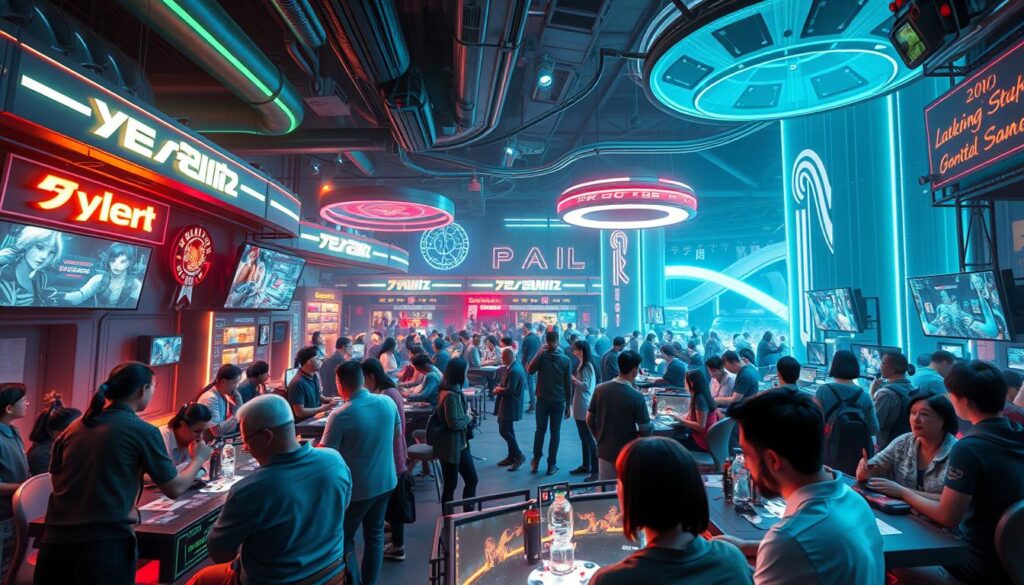 A vibrant online gaming hub with players from around the world interacting seamlessly. A dynamic 3D virtual environment with high-fidelity graphics, showcasing cutting-edge game designs and immersive social features. Glowing neon signage and holographic displays create a futuristic, tech-savvy ambiance. Avatars of diverse characters engage in lively conversations, tournaments, and shared experiences, fostering a sense of global community. Soft lighting washes over the scene, creating an atmosphere of excitement and camaraderie. The camera captures a wide, panoramic view to convey the scope and scale of this thriving digital entertainment platform.