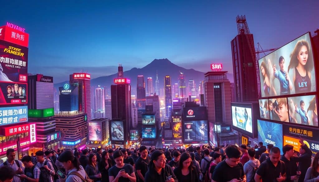 A vibrant, panoramic view of the Taiwanese online entertainment landscape. In the foreground, a bustling cityscape with sleek high-rises and neon-lit billboards advertising the latest gaming and streaming platforms. The middle ground features a crowd of tech-savvy millennials engrossed in their mobile devices, immersed in a world of digital entertainment. In the background, a towering mountain range provides a serene backdrop, contrasting the dynamic urban scene. The lighting is a harmonious blend of natural daylight and the warm glow of city lights, creating a captivating atmosphere of modern, technology-driven leisure. Captured through a wide-angle lens, the scene conveys the scale, diversity, and rapid evolution of Taiwan's thriving online entertainment market.