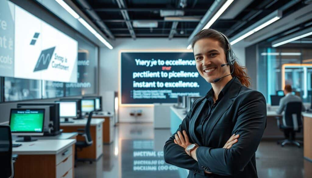 A vibrant, professional service center with sleek, modern decor. In the foreground, a friendly customer service agent stands ready to assist, their warm demeanor and attentive body language conveying the high standard of care. The middle ground features a clean, well-organized workspace with state-of-the-art communication equipment, exemplifying efficiency and responsiveness. In the background, a large, backlit display showcases the company's commitment to excellence, projecting a sense of reliability and trustworthiness. The lighting is soft and natural, creating a welcoming atmosphere. The overall scene exudes a polished, user-centric approach to instant customer service.