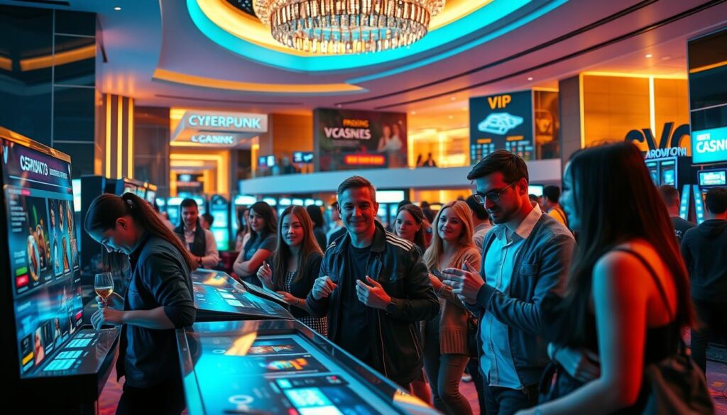 A vibrant promotional event unfolds, showcasing a modern and stylish casino entertainment experience. In the foreground, a group of enthusiastic patrons engage with interactive displays and promotional materials, their expressions animated with excitement. The middle ground features strategically placed product displays and signage, highlighting the casino's array of games and VIP offerings. The background depicts the casino's sleek, contemporary interior, with warm lighting and clean, geometric architectural elements creating a luxurious ambiance. The overall scene conveys a sense of energy, anticipation, and the promise of an immersive, cutting-edge entertainment experience.
