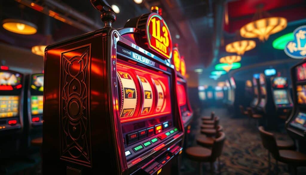 A vibrant, realistic slot machine against a dimly lit casino backdrop. The machine's intricate metallic body gleams under warm, inviting lighting, its colorful reels and buttons beckoning the player. In the foreground, the machine's iconic spinning reels are frozen mid-spin, hinting at the thrilling potential of a big payout. The background is a hazy, atmospheric scene of other slot machines and gaming tables, creating a sense of excitement and immersion in the lively casino environment. Subtle shadows and highlights add depth and dimensionality, while a cinematic camera angle heightens the dramatic, alluring nature of the slot machine.