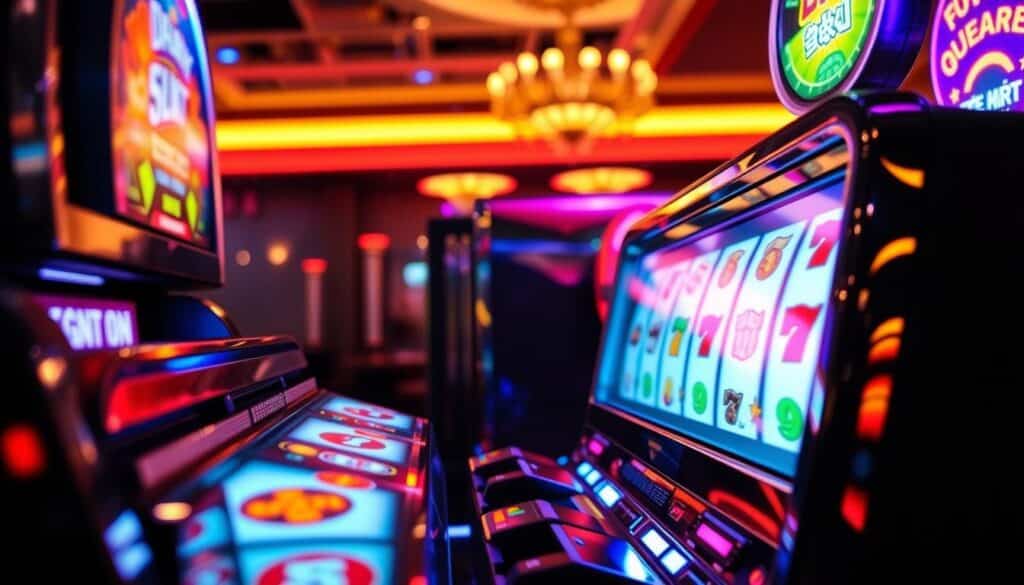 A vibrant, retro-inspired slot machine game, showcasing the evolution of classic casino entertainment. In the foreground, the iconic reels and symbols are presented with a polished, high-contrast design, capturing the excitement and anticipation of a winning spin. The middle ground features a sleek, chrome-accented cabinet, reflecting the modern aesthetic of contemporary gaming machines. In the background, a dimly lit casino atmosphere sets the mood, with warm, golden lighting and a subtle haze, evoking the allure and glamour of a thrilling night at the tables. The composition emphasizes the game's timeless appeal, blending nostalgic elements with cutting-edge technological advancements, inviting the viewer to immerse themselves in the captivating world of "老虎機遊戲".